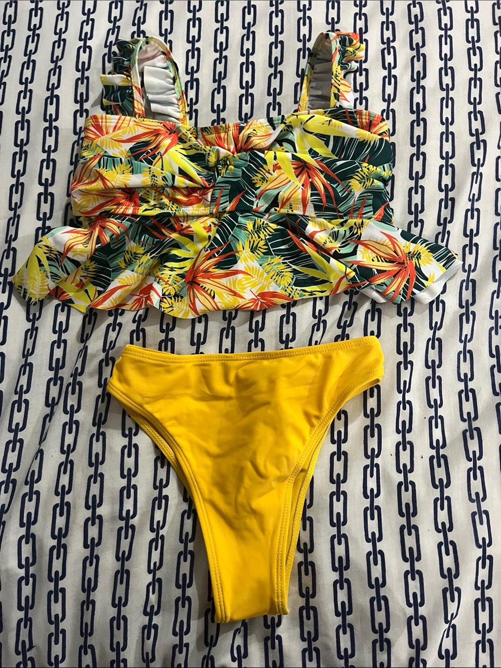 Tropical Print Ruffle Tankini with Yellow Bottoms